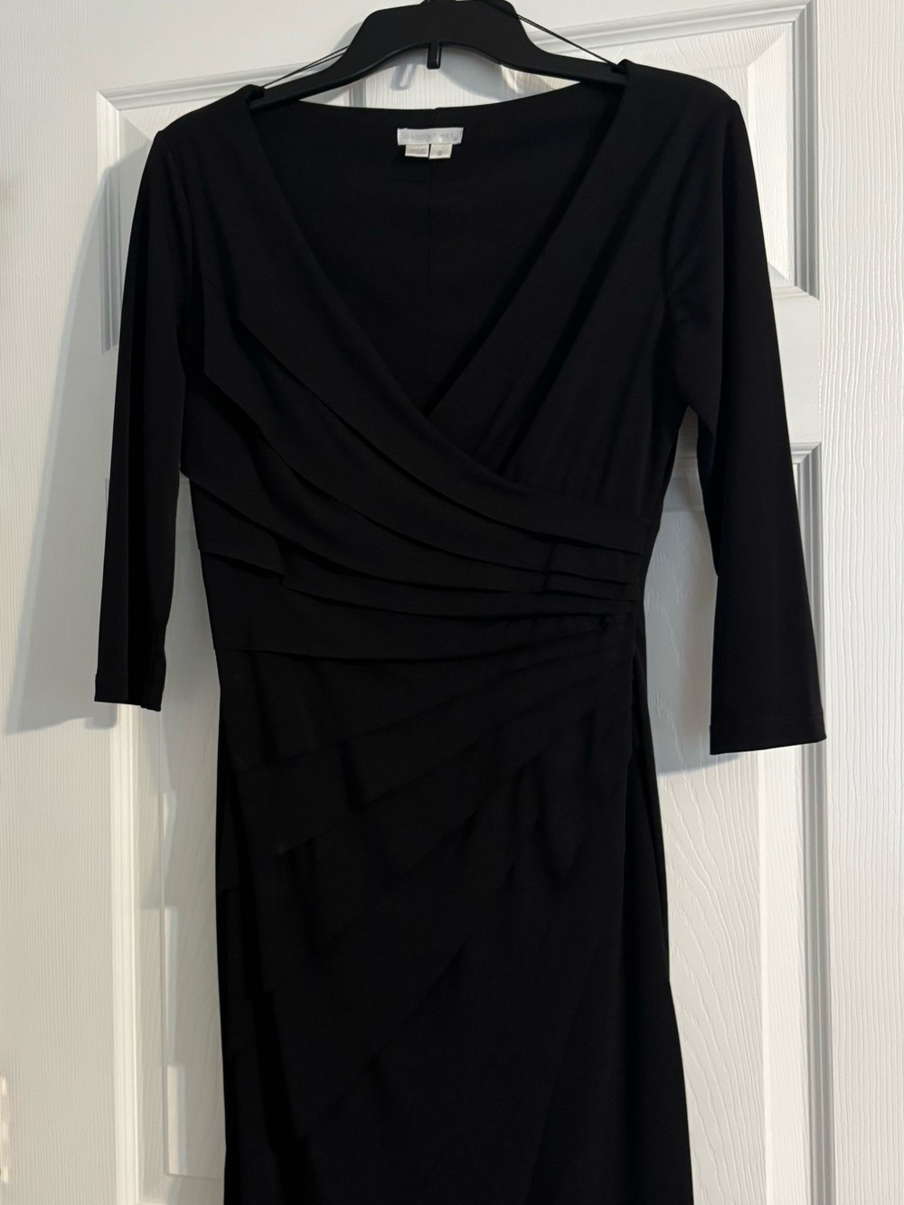 London Times Black Long-Sleeve Surplice Draped Waist Dress